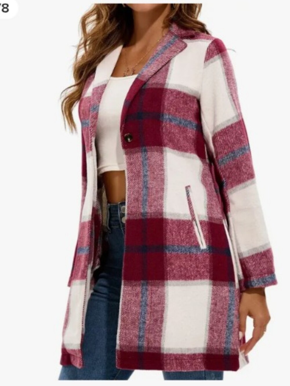 Love Tree Burgundy and White Plaid Pea Coat